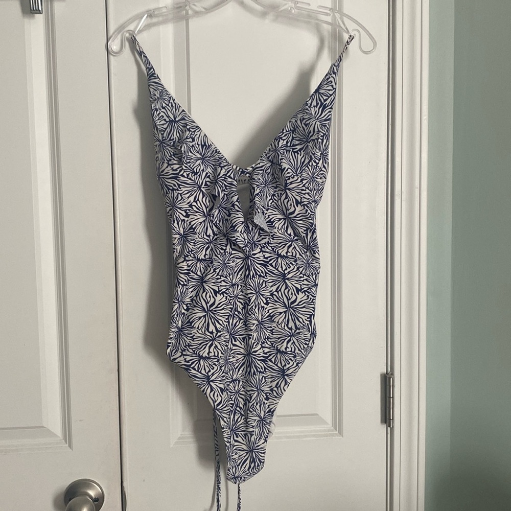 Simply Southern size 12 One piece plunge neckline bathing suit. Navy and White